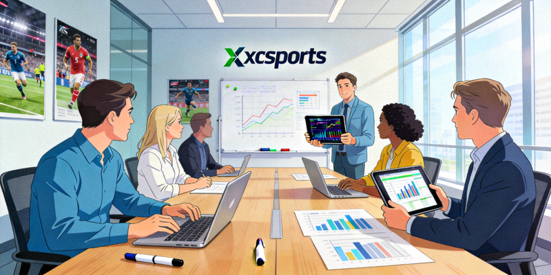 xcsports团队在现代化办公室讨论体育赛事数据分析
